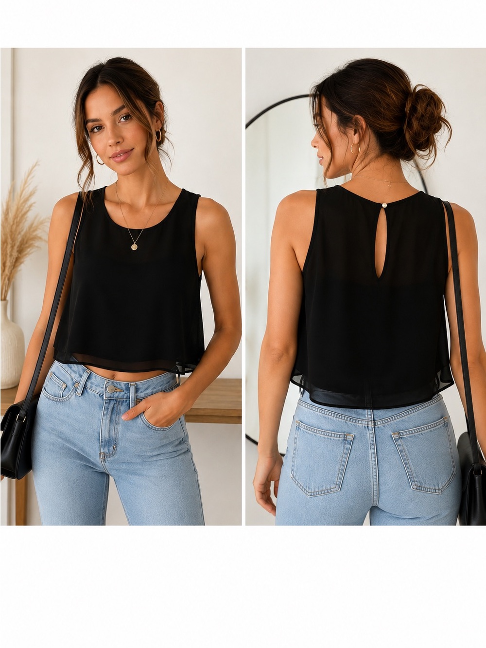 Black Sheer Chiffon Tank Top Keyhole Back Pearl Button Layered Crop Blouse S